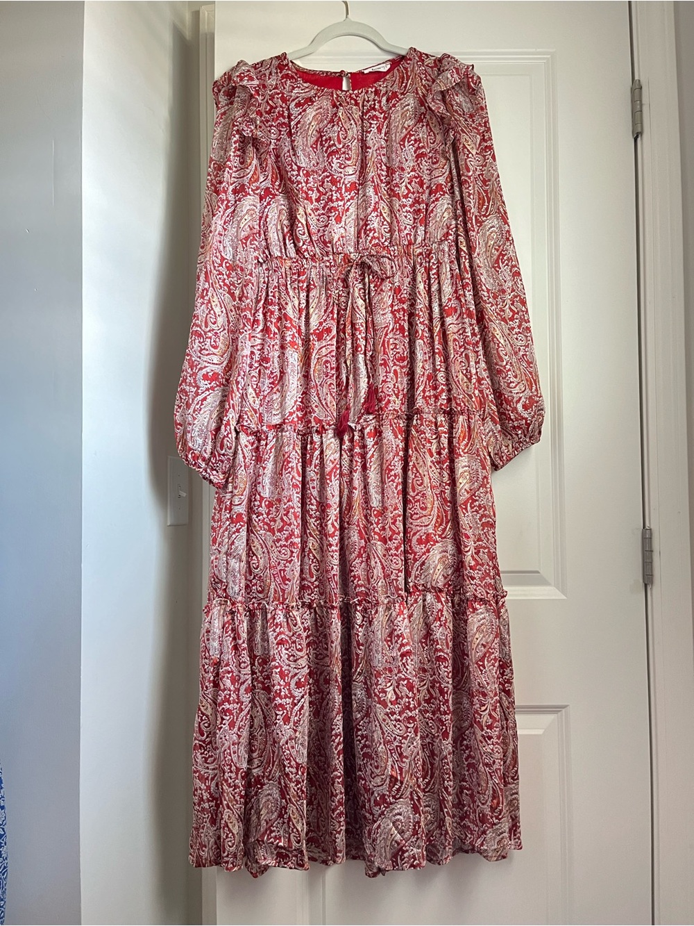 Red Paisley Tiered Long-Sleeve Maxi Dress with Tie Waist